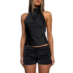 Damen Eleganter Kurzarm-Haltertop mit hochgeschlossenem Kragen und passendem Shorts R&B