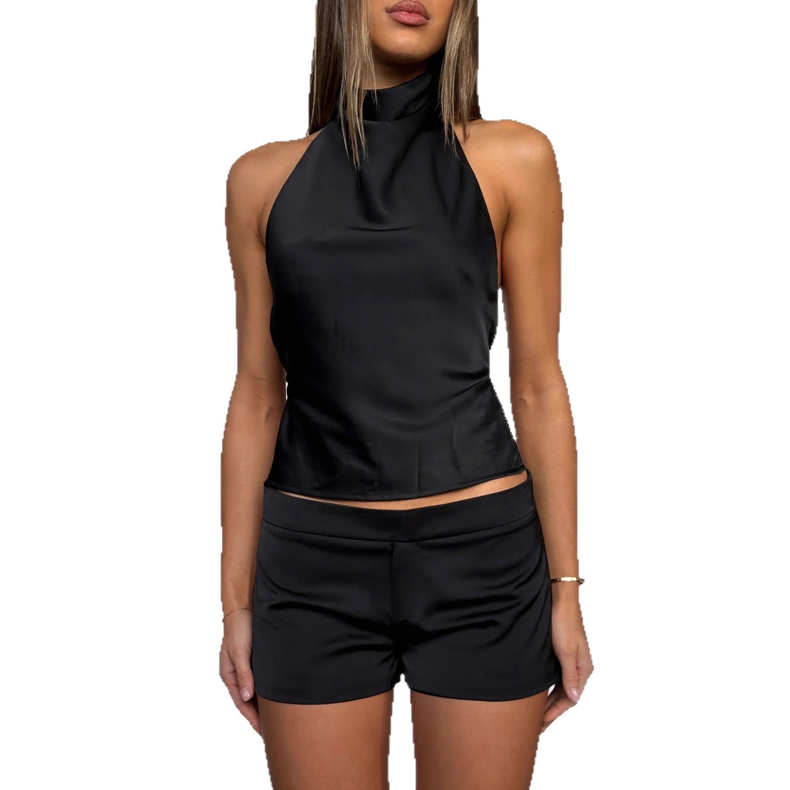 Damen Eleganter Kurzarm-Haltertop mit hochgeschlossenem Kragen und passendem Shorts R&B