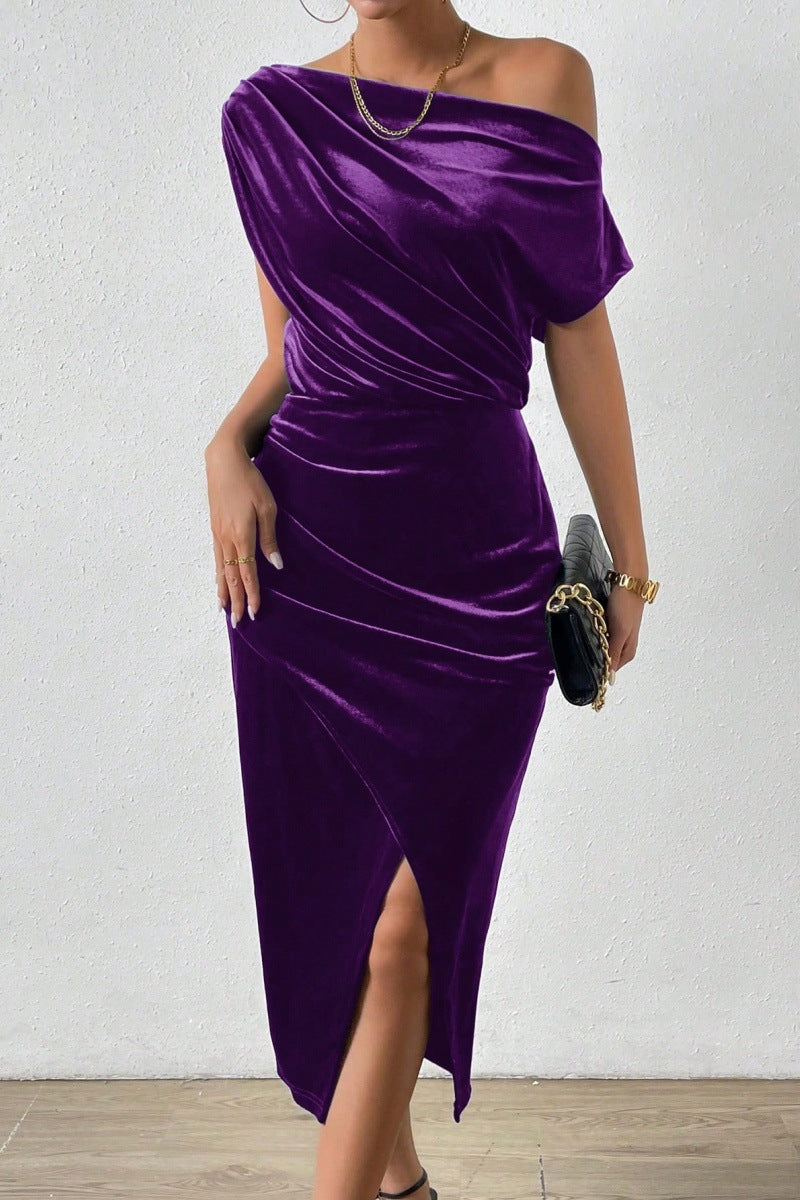 Damen Elegantes Schulterfreies Midikleid im Fließenden Design R&B