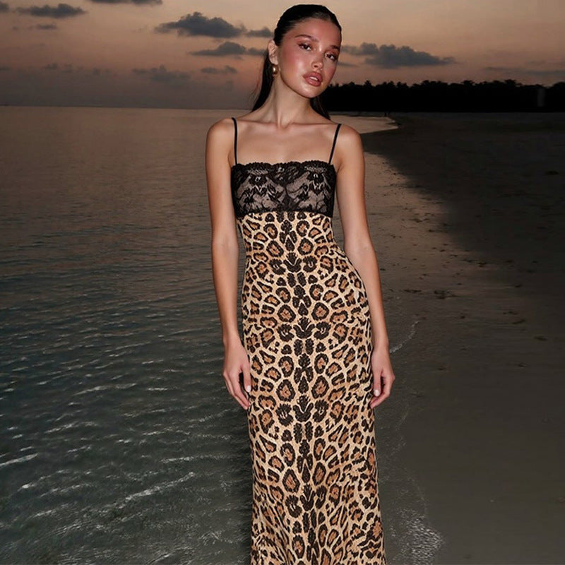 Damen Elegantes und verführerisches Leopardenspitzenkleid R&B