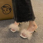Damen Offene Mules mit dekorativem Plüschbesatz und elegantem Absatz R&B