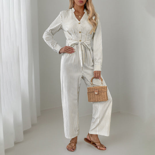 Damen Eleganter Jumpsuit mit schmalem Gürtel und Knopfdetails R&B