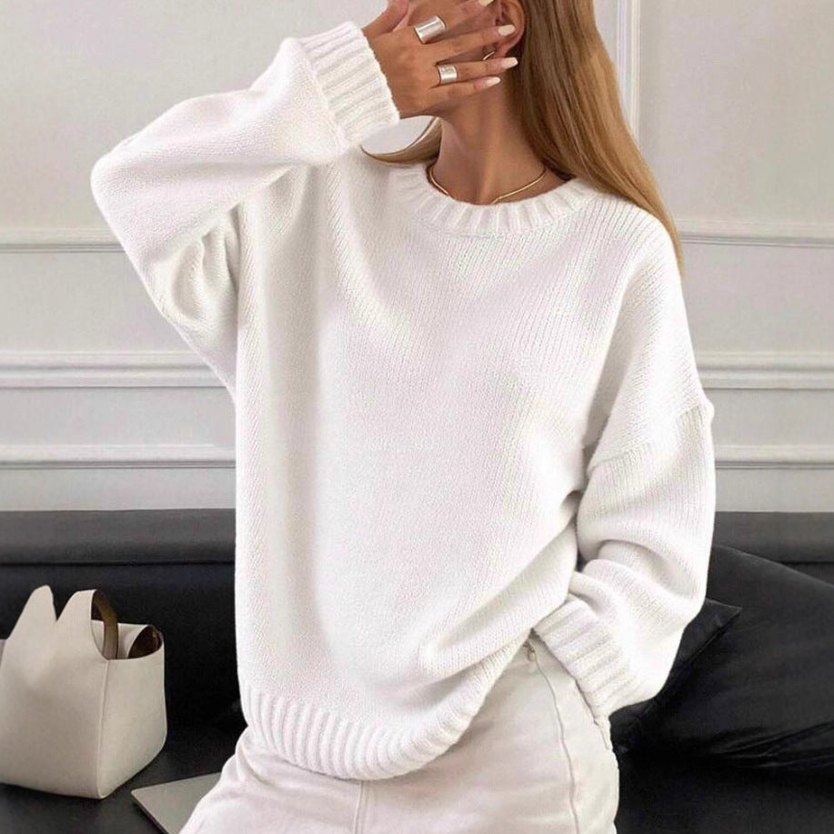 Damen lässiger und oversized Strickpullover mit Rundhalsausschnitt