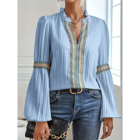 Damen elegante plissierte Bluse mit verzierten Besätzen R&B