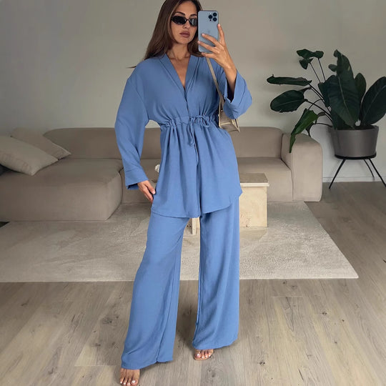 Damen Kimono-Style Lounge-Hose mit Wickeloberteil R&B