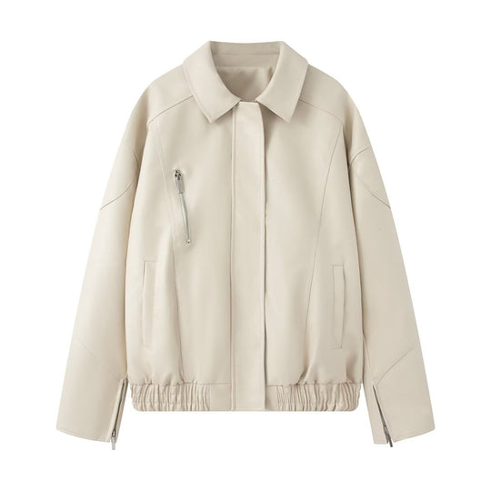 Damen elegante Kunstlederjacke mit praktischen Reißverschluss-Taschen R&B
