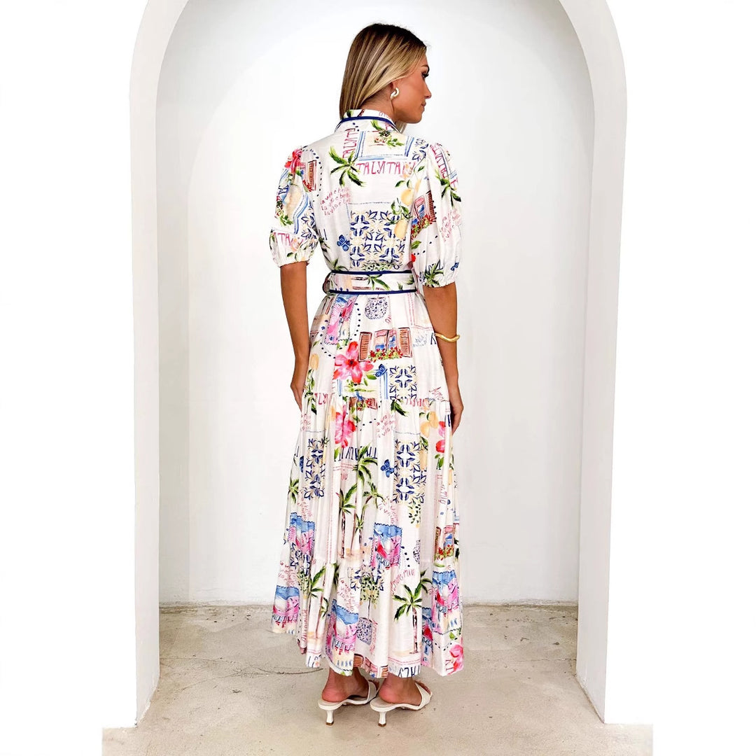 Damen Maxikleid mit buntem floralem Druck und einem eleganten Gürtel R&B
