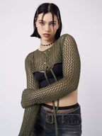 Damen luftiger Netzpullover mit BindR&Bändern R&B