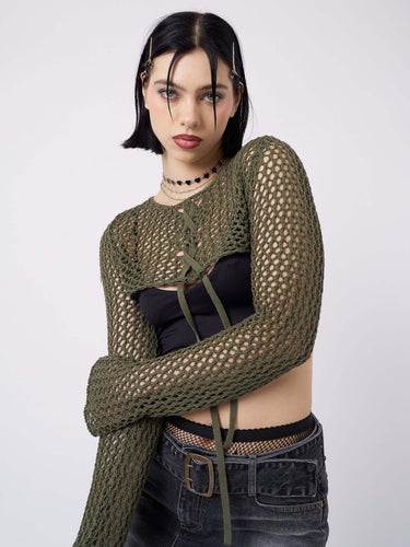 Damen luftiger Netzpullover mit Bindebändern R&B