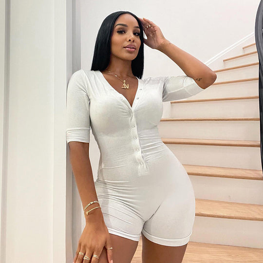 Damen Figurenbetonter Jumpsuit mit modischem V-Ausschnitt und praktischen Knopfdetails R&B
