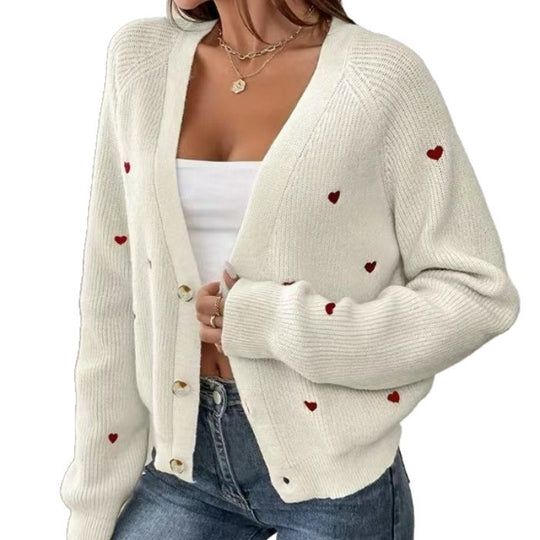 Damen lässige Strickjacke mit Herzapplikationen und tiefem V-Ausschnitt R&B