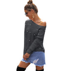 Damen Eleganter und lockerer Pullover mit Schulterfreiem Design und Perlenverzierung R&B