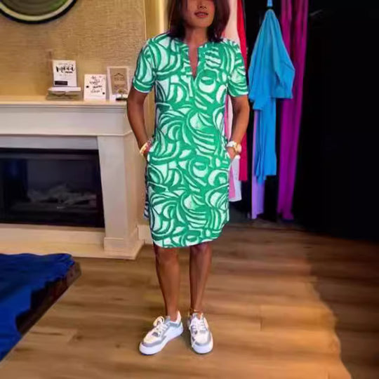 Damen Kurzarm Hemdkleid mit modernen grafischen Mustern und praktischen Eingrifftaschen R&B