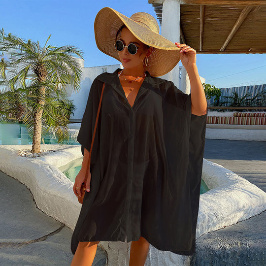 Damen Strandhemd mit transparentem Stoff und klassischem Hemdkragen Heidi Mode