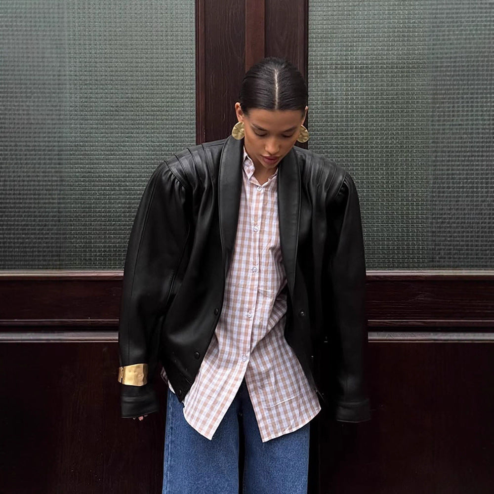 Damen lässige Kunstlederjacke mit voluminösen Ärmeln R&B