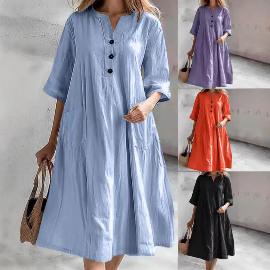 Damen nan locker fallendes A-Linien Kleid mit V-Ausschnitt-Knopfleiste, 3/4-Ärmeln und aufgesetzten Eingrifftaschen R&B