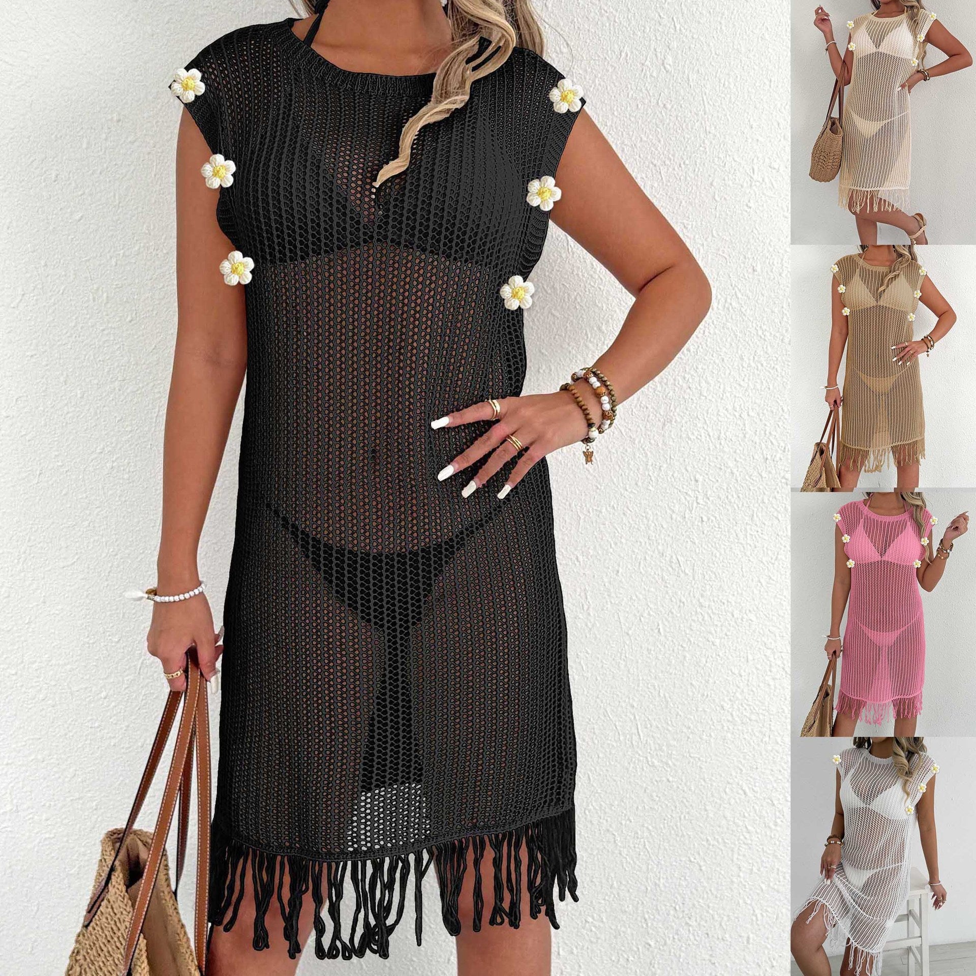 Damen luftiger Netzstrandkleid mit Fransen R&B