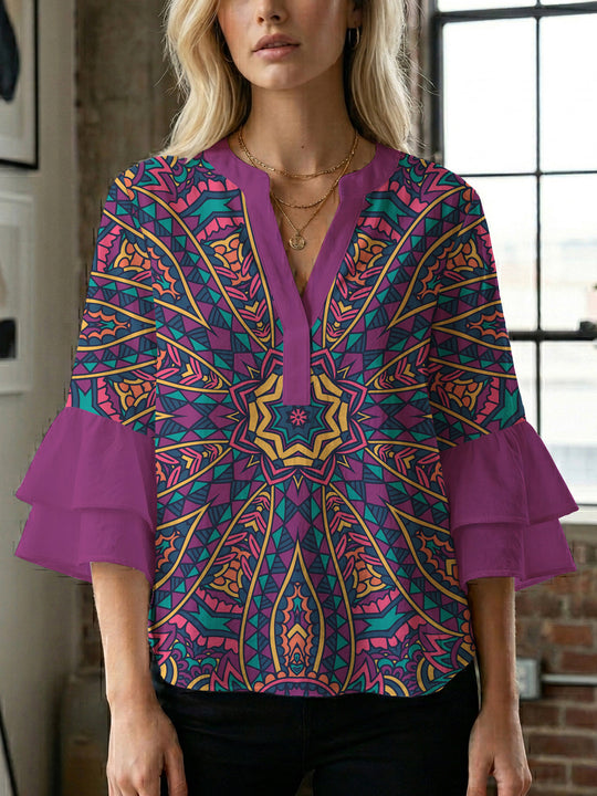 Damen elegantes Blusenshirt mit voluminösen Rüsenärmeln und grafischem Blumendesign R&B