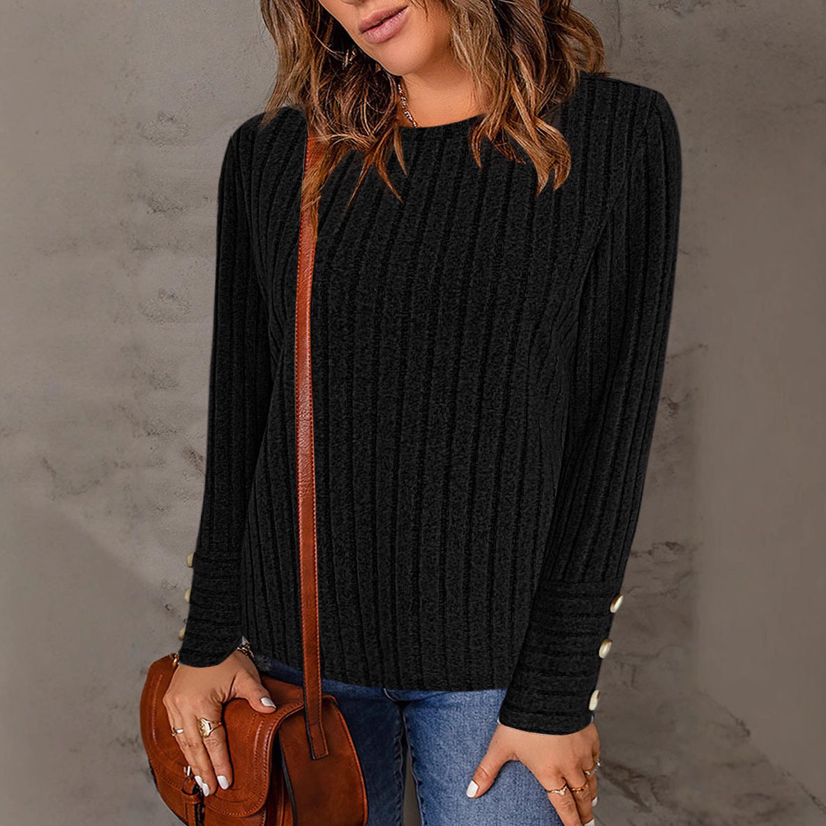 Damen Strukturierter Pullover mit modischen Knöpfen R&B
