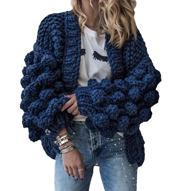 Damen Grob gestrickte Oversized-Jacke mit hohem Kragen und Kapuzendesign R&B