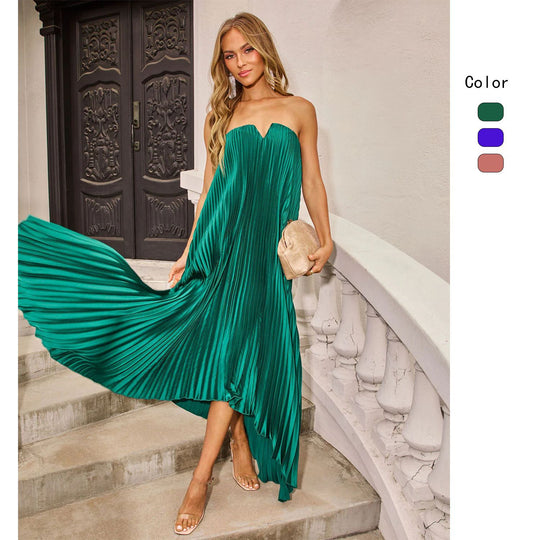 Damen Maxikleid mit plissiertem Oberteil und elegantem V-Ausschnitt R&B