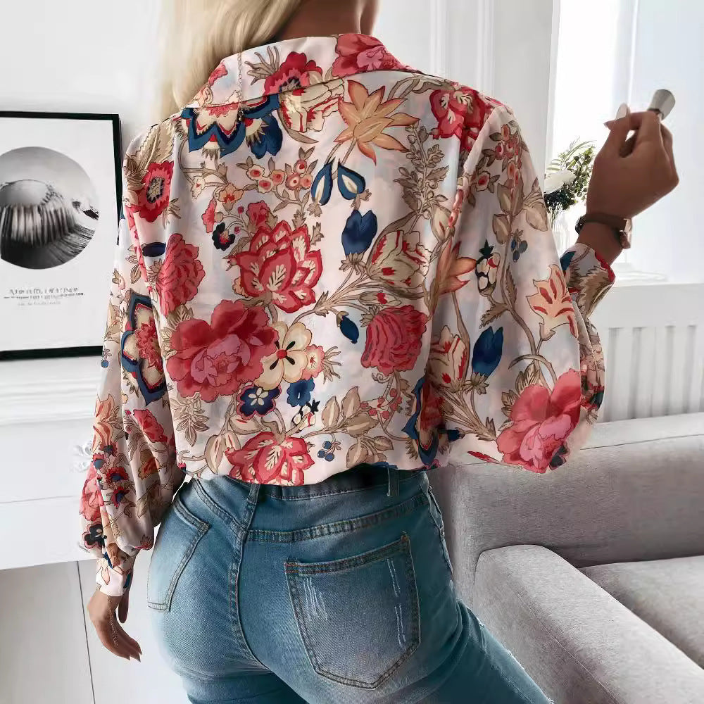 Damen elegante Bluse mit floralem Muster und modernen Puffärmeln R&B