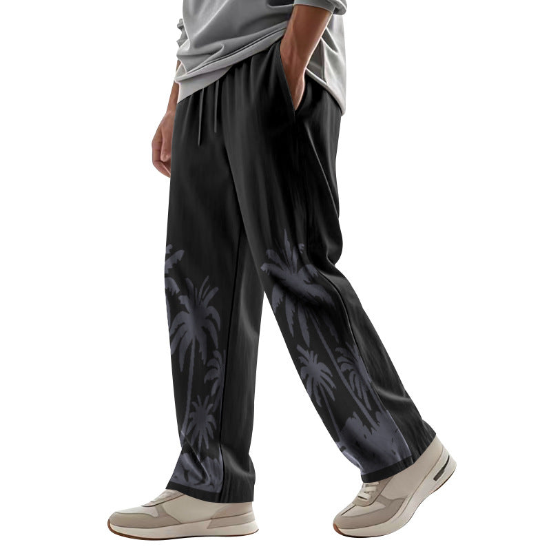 Herren nan weite Freizeit-Hose aus Baumwoll-Leinen-Mix mit Palmenprint, Elastikbund und Kordelzug R&B
