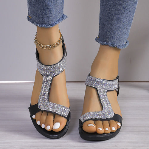 Damen elegante Riemchen-Sandalen mit funkelnden Strassverzierungen und rutschfester Sohle R&B