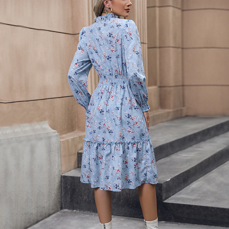 Damen Midi-Kleid mit floralen Rüschen und elegantem Stehkragen R&B