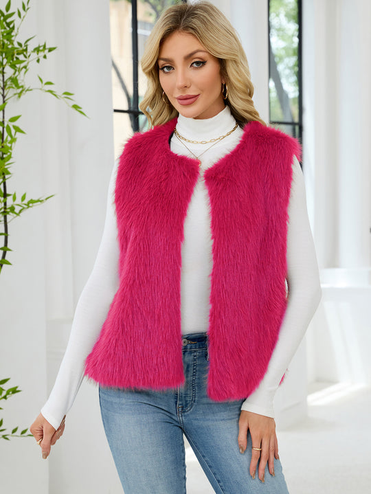 Damen Flauschige Kunstpelzweste mit voluminösem Kragen R&B