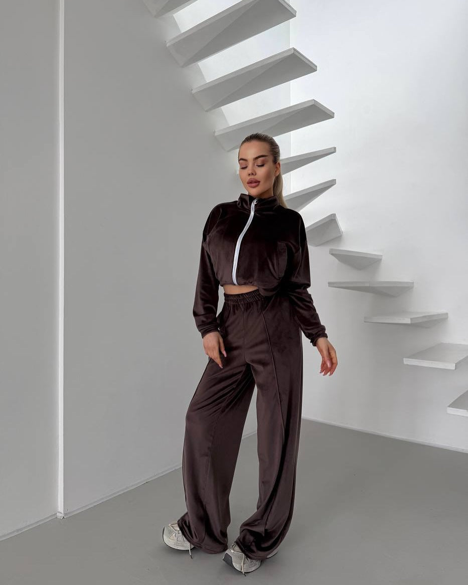 Damen sportlicher Fleece-Jogginganzug mit gestochenem Reißverschluss und weichem Innenfutter R&B