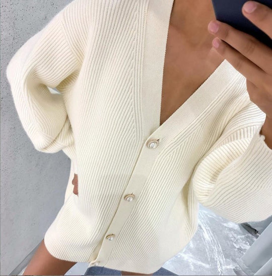 Damen Übergroße Strickjacke mit tiefem V-Ausschnitt und eleganten Knöpfen R&B