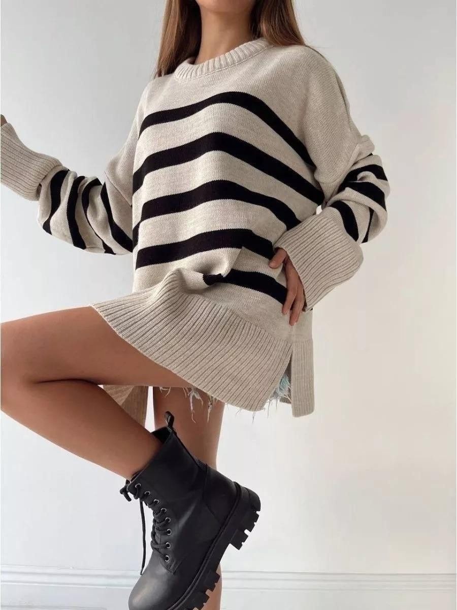 Damen Oversized Strickpullover mit markantem Streifenmuster und Rippenbündchen