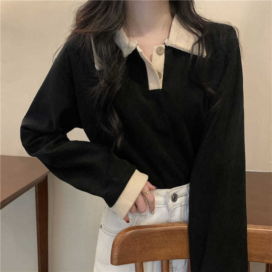 Damen Langarmshirt mit strukturierter Rippoptik und klassischem Polokragen