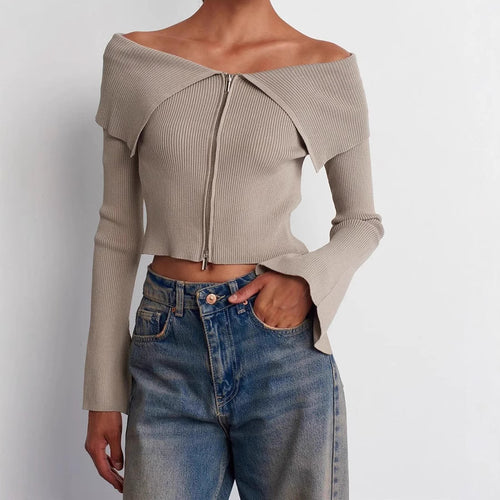 Damen cropped Oberteil mit weitem Ausschnitt und Reißverschluss R&B