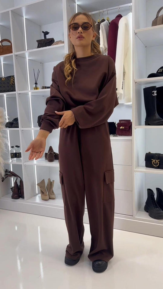 Damen lässiges Cargo-Loungewear-Set mit cropped Oberteil und weitem Bein R&B