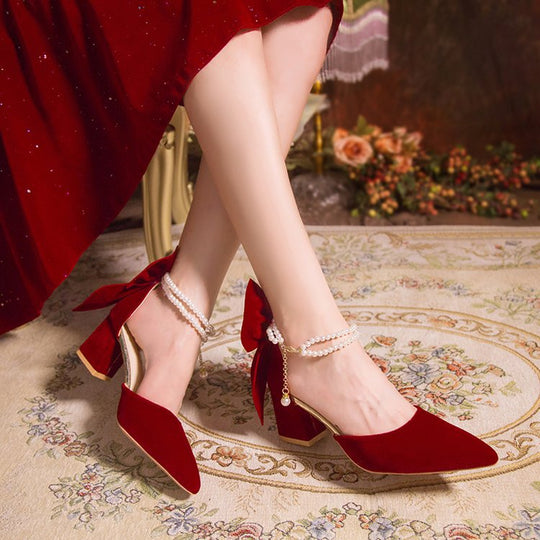 Damen elegante High Heel Schuhe mit Perlenschmuck und Riemen R&B
