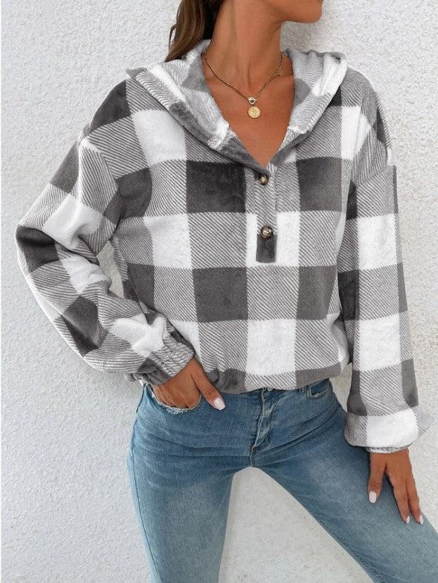 Damen Übergroßer Karierter Flanellpullover mit Kapuze R&B