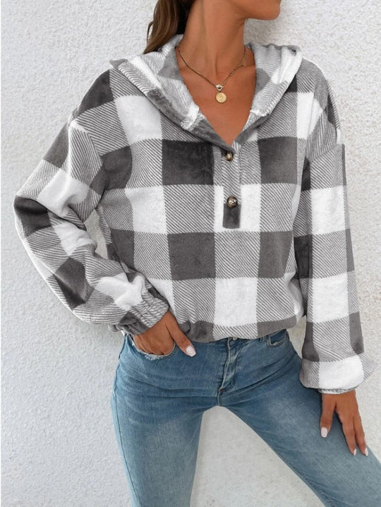 Damen Übergroßer Karierter Flanellpullover mit Kapuze R&B