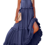 Damen Maxikleid mit Rüschendetails und luftiger Silhouette R&B