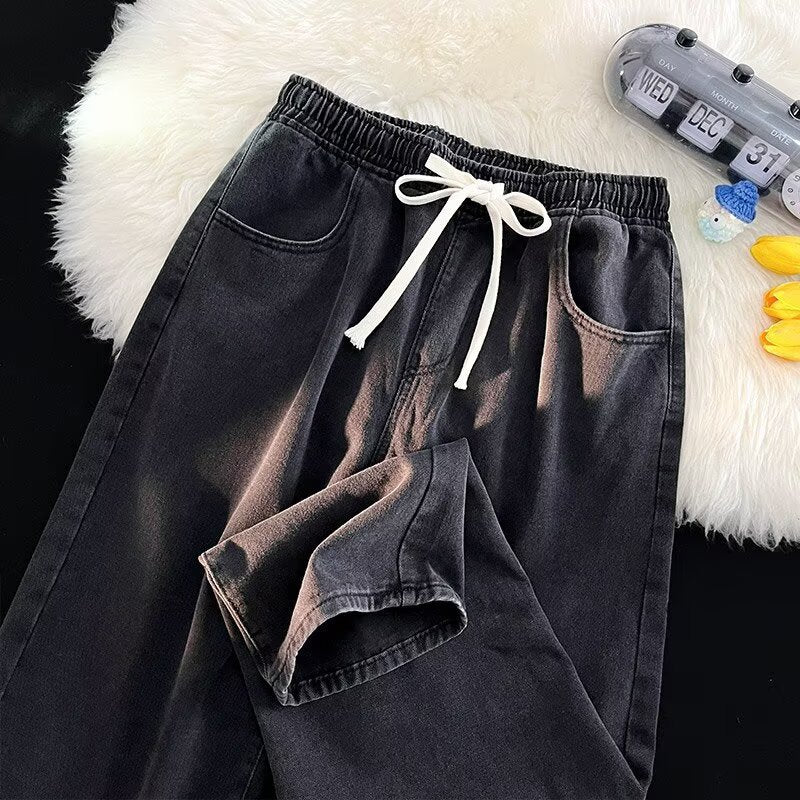 Damen lässige Denim-Hose mit elastischem Bund und praktischen Eingrifftaschen