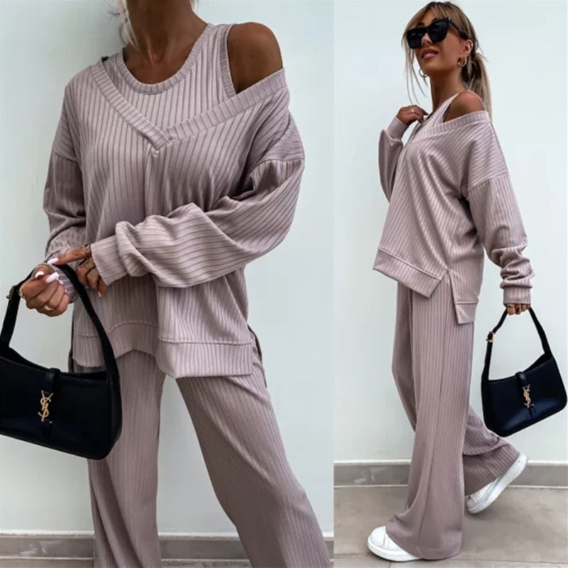 Damen nan elegantes Rippstrick-Zweiteiler Lounge-Set mit einseitigem Schulterfreischnitt und weitem Palazzo-Hosenbein R&B