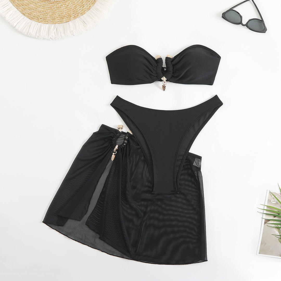 Damen Bikini-Set mit modisch gerafftem Oberteil und elegantem Wickelrock R&B