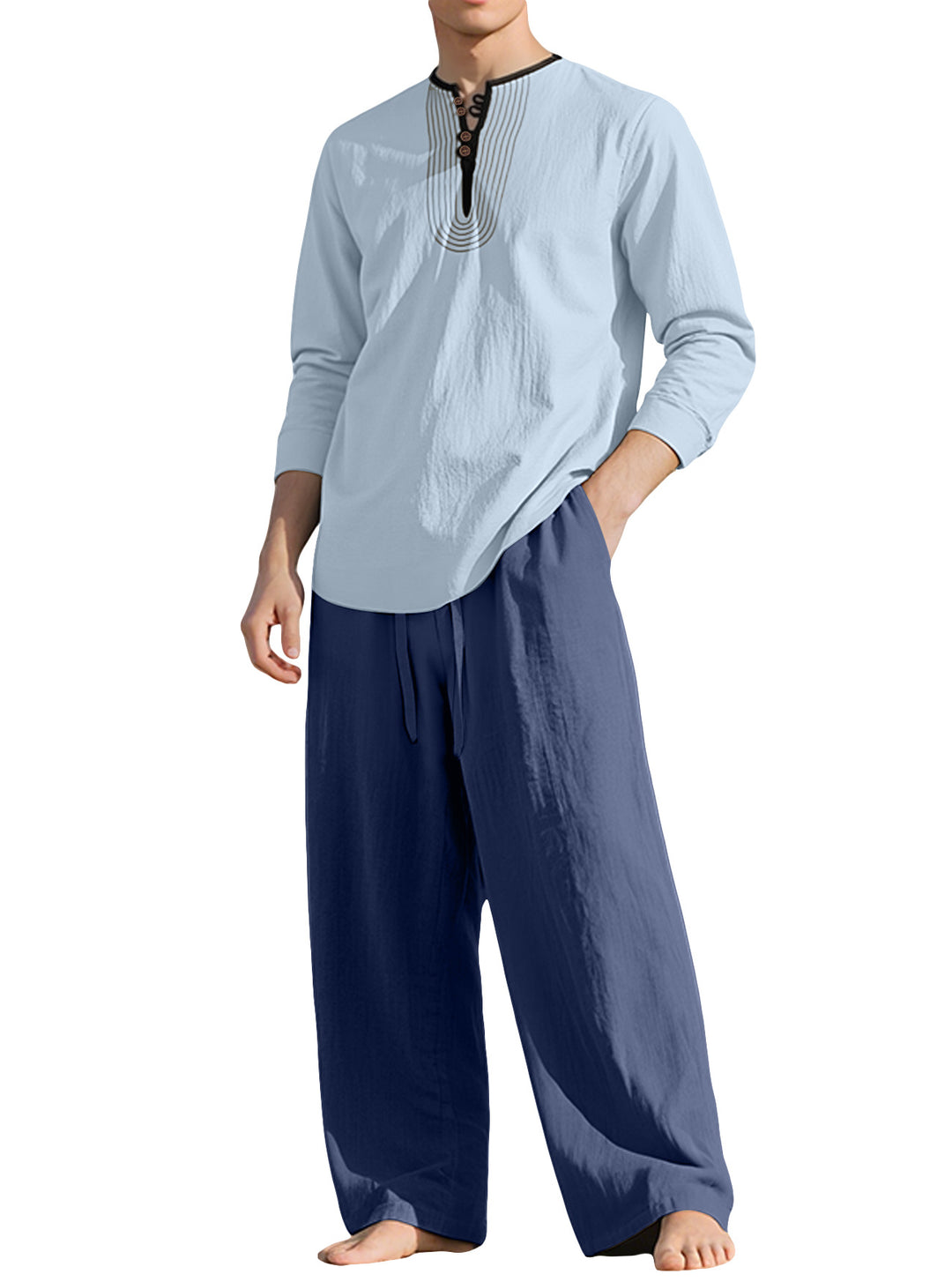 Herren nan Tunika- und Palazzohose-Set mit Henley-Blende, Zierstickerei und weitem Schnitt R&B