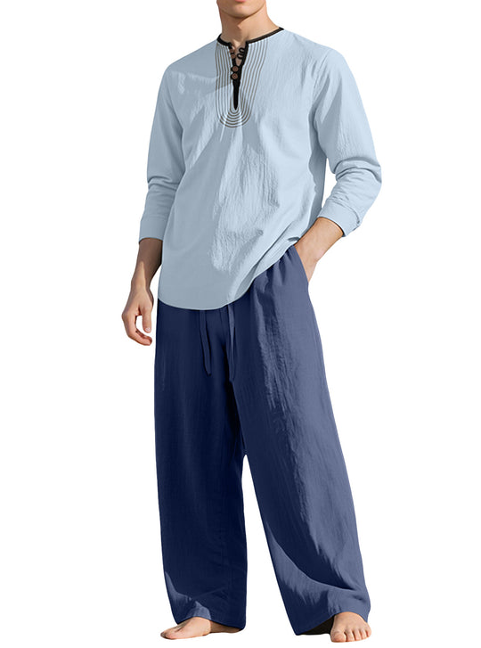 Herren nan Tunika- und Palazzohose-Set mit Henley-Blende, Zierstickerei und weitem Schnitt R&B