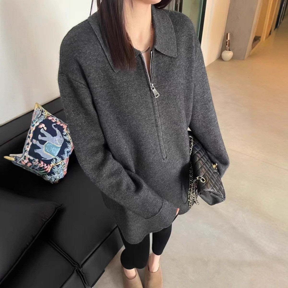 Damen Modischer Pullover mit Reißverschluss und Kragen R&B