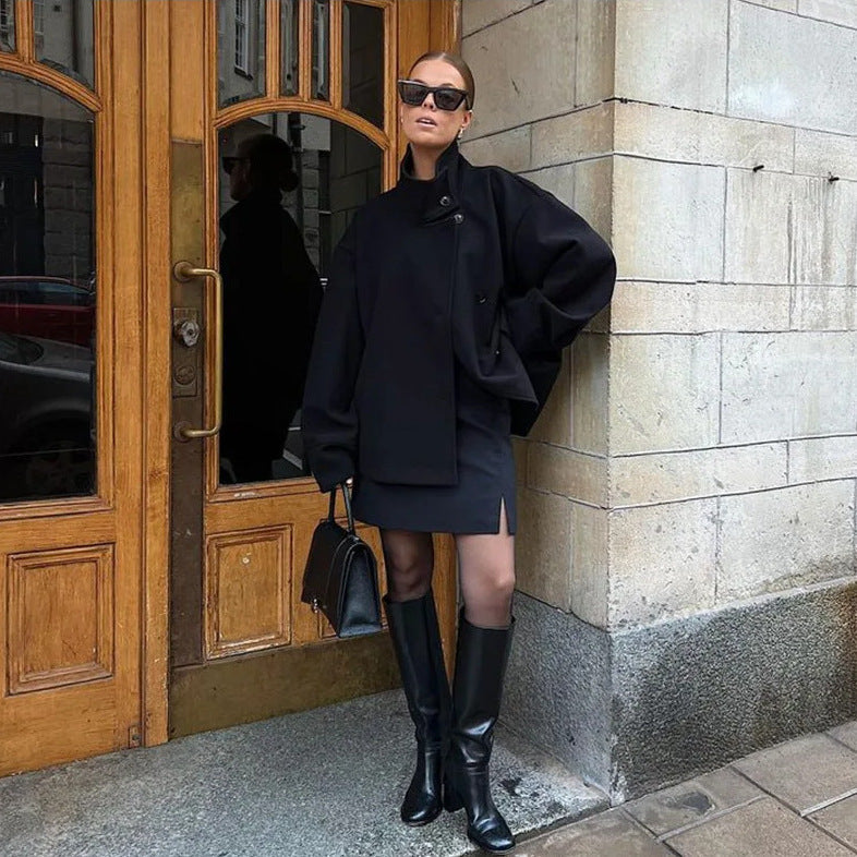 Damen modische Kurzjacke mit hohem Kragen und Knopfverschluss R&B