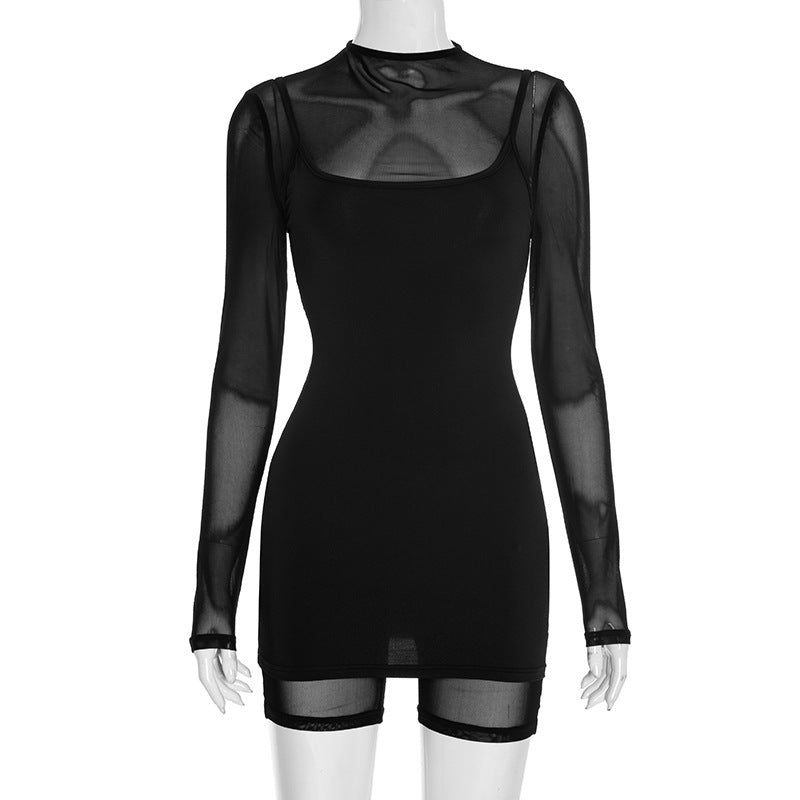Damen Körperbetontes Longsleeve-Overall mit transparenten Ärmeln und figurformendem Schnitt R&B