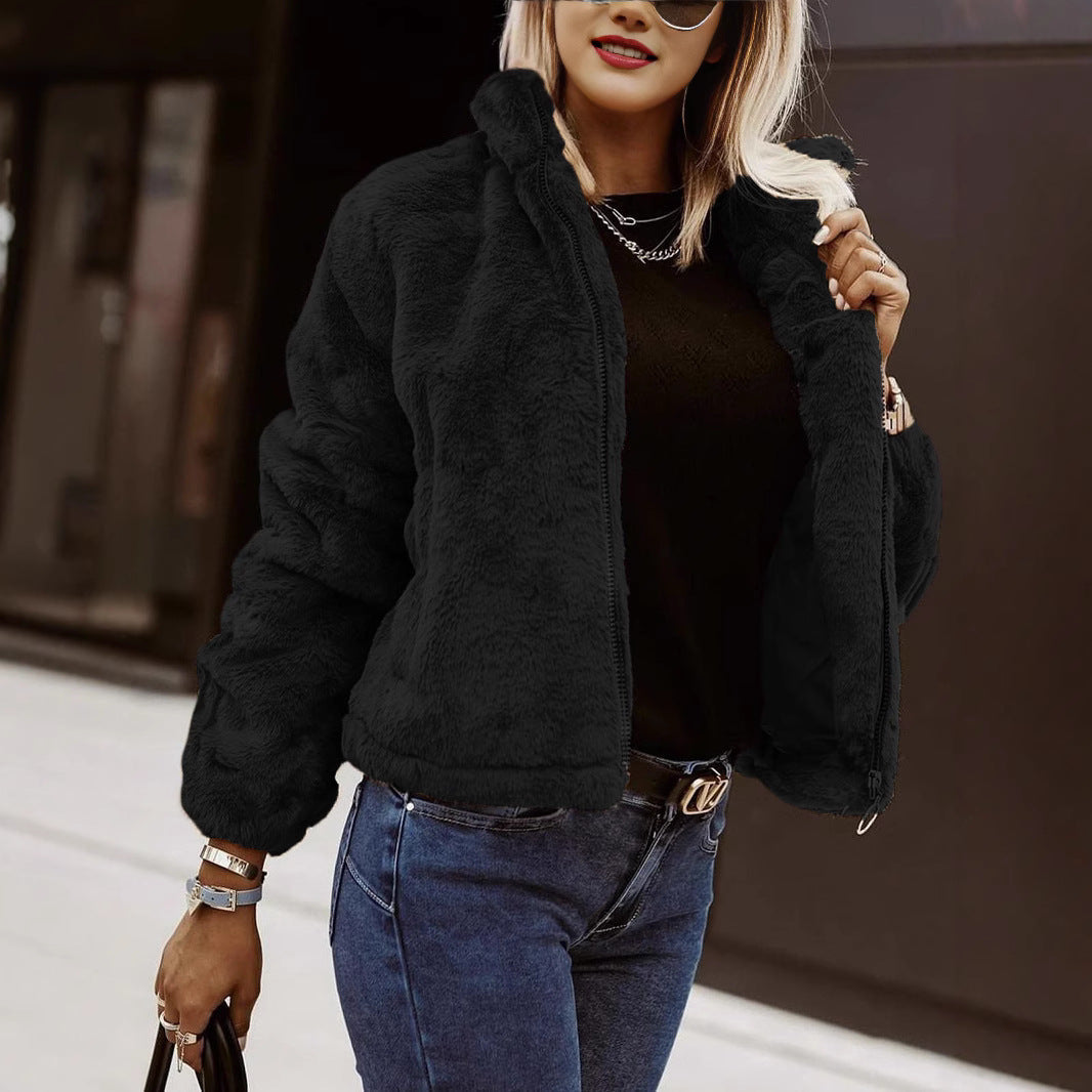 R&B | Weiche Damen Teddy Bomberjacke mit Reißverschluss
