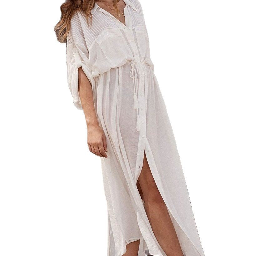 Damen Luftiges Strandüberwurfkleid mit Taillenkordel und durchgehender Knopfleiste R&B